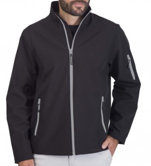 La veste softshell PK768 à personnaliser en coloris Black Silver Le mannequin homme porte la veste softshell zippée bicolore PK768 à personnaliser en coloris Black Silver