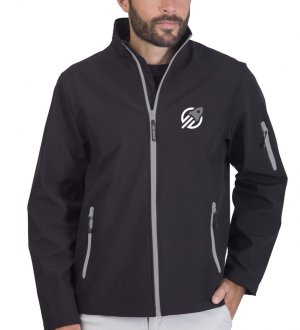 La veste softshell PK768 à personnaliser en coloris Black Silver Le mannequin homme porte la veste softshell zippée bicolore PK768 à personnaliser en coloris Black Silver