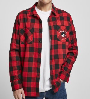 Exemple de logo floqué sur la poche coeur de la chemise flanelle personnalisable BY031 en coloris Black / Red