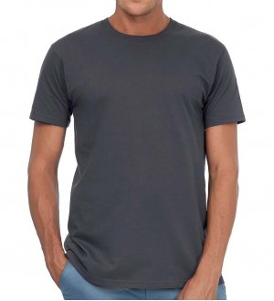 Le t-shirt E190 à personnaliser en coloris Dark Grey Le mannequin homme porte le t-shirt E190 à manches courtes et col rond en tissu épais à personnaliser en coloris Dark Grey