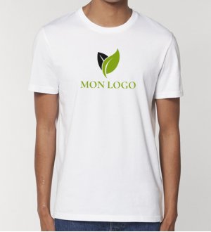 Exemple de logo imprimé sur un t-shirt Creator blanc en coton bio Exemple de logo imprimé sur un t-shirt Creator blanc en coton bio