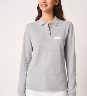 mannequin femme de face portant le Polo piqué manches longues Basic femme mannequin femme de face portant le Polo piqué manches longues Basic femme