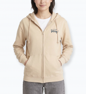 Mannequin femme de face portant le sweat zippé à capuche unisexe JH050 couleur desert sand Mannequin femme de face portant le sweat zippé à capuche unisexe JH050 couleur desert sand
