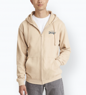 Mannequin homme de face portant le sweat zippé à capuche unisexe JH050 couleur desert sand