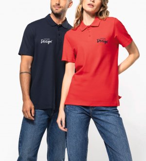 mannequin femme et mannequin homme de face portant le Polo piqué unisexe personnalisable