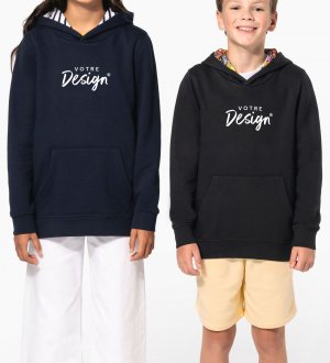 mannequins enfants de face portant le Sweat-shirt à capuche contrastée à motifs enfant unisexe personnalisable