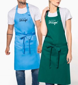 mannequin homme et mannequin femme de face portant le Tablier polycoton sans poche personnalisable mannequin homme et mannequin femme de face portant le Tablier polycoton sans poche personnalisable