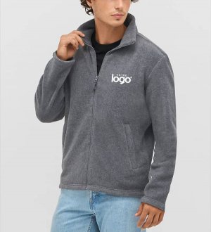 Homme portant la veste micropolaire zippée unisexe personnalisable pour homme Homme portant la veste micropolaire zippée unisexe personnalisable pour homme