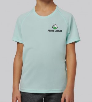 Exemple de logo floqué sur le tee-shirt de sport pour enfant PA445 en coloris Ice mint Exemple de logo floqué sur le tee-shirt de sport pour enfant PA445 en coloris Ice mint