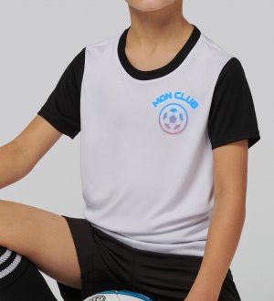 Tee-shirt de sport enfant PA4024 en coloris white/black avec exemple de logo floqué Tee-shirt de sport enfant PA4024 en coloris white/black avec exemple de logo floqué