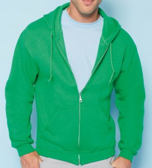 Le sweat zippé GI18600 à personnaliser en coloris Green Le mannequin homme porte le sweat zippé à capuche GI18600 personnalisable en coloris Green