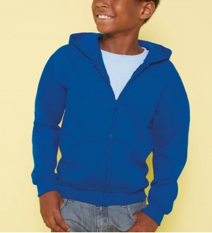 Le sweat zippé à capuche GI18600B personnalisable en coloris Royal Blue Le mannequin enfant porte le sweat à capuche zippé GI18600B à personnaliser en coloris Royal Blue