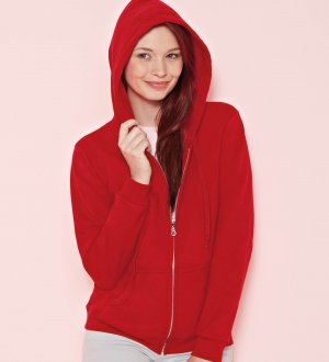 Le sweat à capuche zippé GI18600FL personnalisable en coloris Red Le mannequin femme porte le sweat à capuche zippé GI18600FL à personnaliser en coloris Red