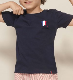 Exemple de logo floqué sur le tee shirt pour enfant fabriqué en France, Lou, en coloris Marine Exemple de logo floqué sur le tee shirt pour enfant fabriqué en France, Lou, en coloris Marine