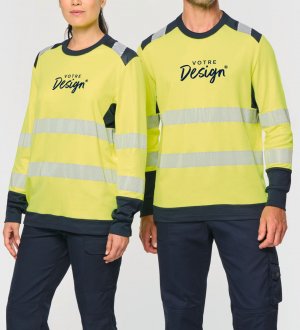 mannequin homme et femme de face portant le T-shirt de sécurité recyclé col rond manches longues unisexe personnalisable mannequin homme et femme de face portant le T-shirt de sécurité recyclé col rond manches longues unisexe personnalisable