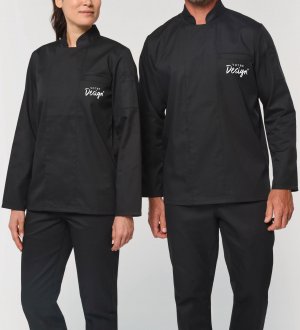 mannequin homme et mannequin femme de face portant la Veste de cuisine écoresponsable manches longues unisexe personnalisable