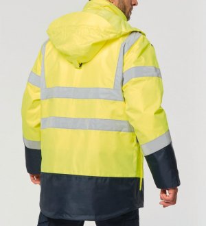 mannequin homme de dos portant la Parka de sécurité recyclée 4 en 1 unisexe personnalisable mannequin homme de dos portant la Parka de sécurité recyclée 4 en 1 unisexe personnalisable