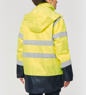 mannequin femme de dos portant la Parka de sécurité recyclée 4 en 1 unisexe personnalisable mannequin femme de dos portant la Parka de sécurité recyclée 4 en 1 unisexe personnalisable