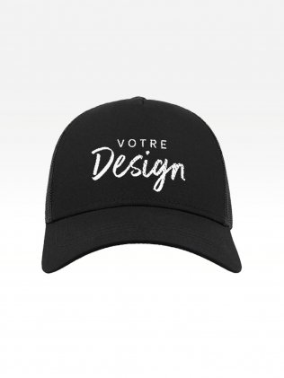 Exemple de marquage personnalisé sur la casquette trucker 5 panneaux premium AT085 en coloris noir