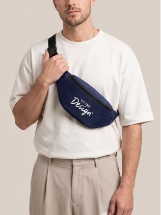 Sac banane à personnaliser BG042 French Navy porté, personnalisé avec votre design Sac banane à personnaliser BG042 French Navy porté, personnalisé avec votre design