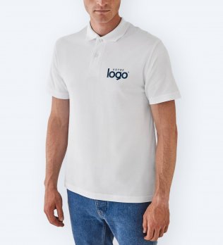 Le mannequin homme porte le polo à manches courtes CGPUI10 à personnaliser en coloris White