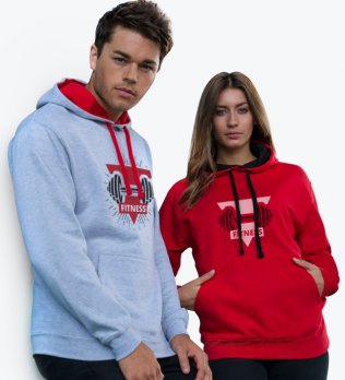 Le sweat à capuche contrastée et poche kangourou JH003 en coloris Heather Grey Fire Red et Fire Red Jet Black Sweat unisexe à capuche contrastée et poche kangourou JH003 à personnaliser en coloris Heather grey Fire red et Fire red Jet black