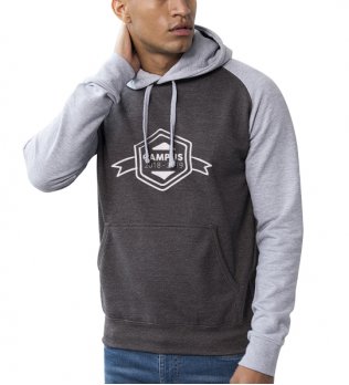 Le mannequin homme porte le sweat unisexe à capuche baseball JH009 avec logo à personnaliser en coloris Charcoal/Heather Grey 