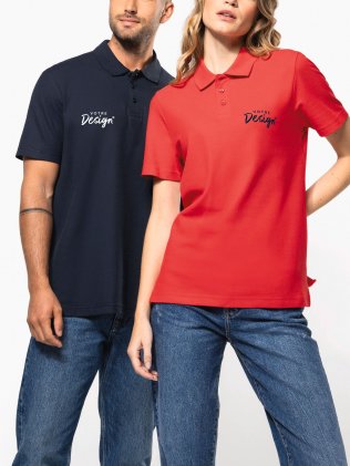 mannequin femme et mannequin homme de face portant le Polo piqué unisexe personnalisable