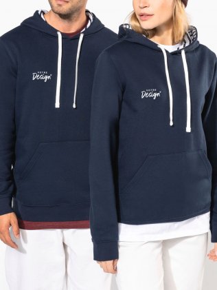 mannequin homme et femme de face portant le Sweat-shirt à capuche contrastée à motifs unisexe personnalisable