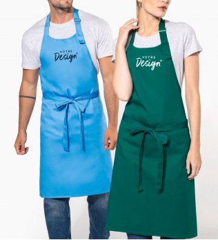 mannequin homme et mannequin femme de face portant le Tablier polycoton sans poche personnalisable