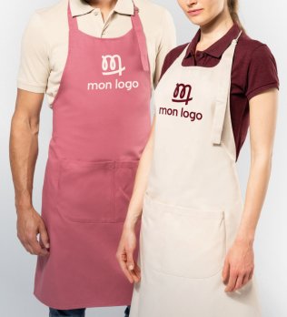 deux tabliers portés par une femme et un homme avec votre logo 