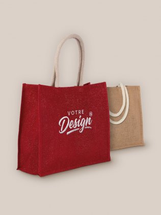 Sac de plage en jute KI0219 Cherry Red / Gold personnalisé avec votre logo brodé, devant un sac Natural / Gold Sac de plage en jute KI0219 Cherry Red / Gold personnalisé avec votre logo brodé, devant un sac Natural / Gold