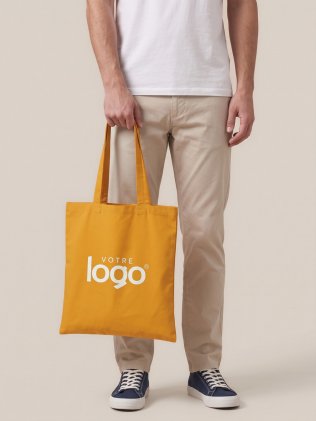 Sac shopping classique coton bio KI0262 Curcuma porté à la main, personnalisé avec votre logo