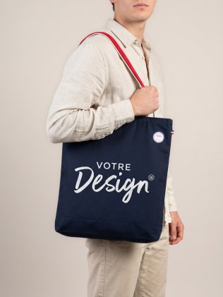 Tote bag tricolore épais fabriqué en France KI3205 Navy porté à l'épaule, personnalisé avec votre design