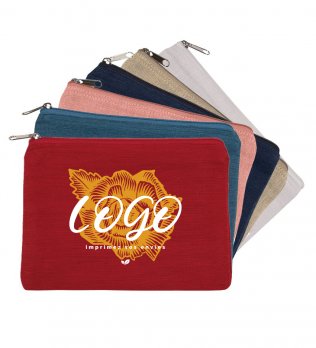 Pochette en toile de jute et coton juco KI0723, tous les coloris et exemple de logo imprimé