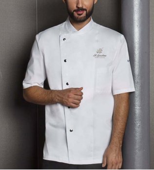 Exemple de logo brodé sur la veste de cuisine KYJM15 en coloris White