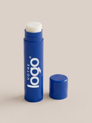 Baume à lèvres vanille MO2915 bleu personnalisé avec votre logo à la verticale sur le tube