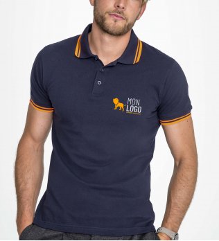 Polo homme Pasadena en coloris French marine / Orange fluo avec exemple de logo imprimé Polo homme Pasadena en coloris French marine / Orange fluo avec exemple de logo imprimé