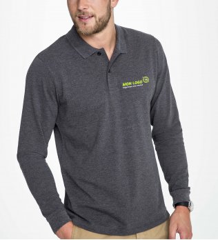 Polo homme manches longues Perfect LSL coloris Anthracite chiné avec exemple de logo imprimé Polo manches longues pour homme Perfect LSL en coloris anthracite chiné avec exemple de logo imprimé