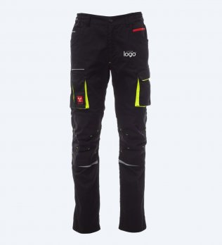 Packshot du pantalon de travail stretch Payper Next 400 en coloris Noir avec simulation de marquage logo sur la cuisse