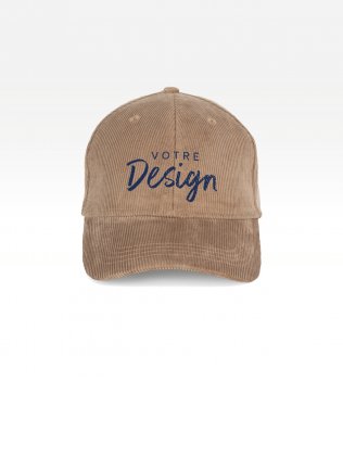 Packshot unisexe casquette en velours cotele personnalisable de face couleur camel fonce