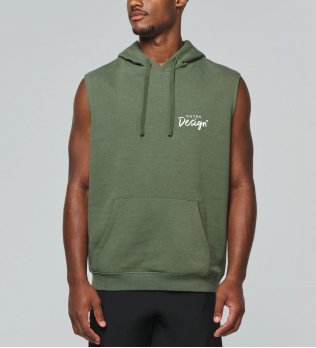 mannequin homme de face portant le Sweat-shirt à capuche sans manches unisexe personnalisable