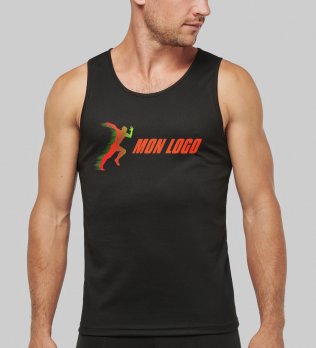 Débardeur de sport pour homme PA441 en coloris Black avec exemple de logo floqué Débardeur de sport pour homme PA441 en coloris Black avec exemple de logo floqué