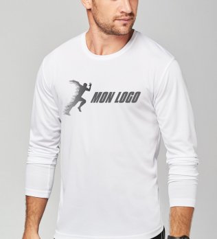 Tee shirt de sport manches longues pour homme PA443 en coloris blanc avec exemple de logo floqué Tee shirt de sport manches longues pour homme PA443 en coloris blanc avec exemple de logo floqué