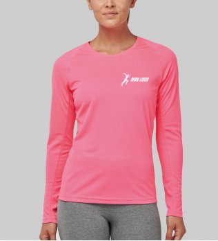 Tee shirt de sport manches longues pour femme PA444 en coloris Fluorescent Pink avec exemple de logo floqué sur le coeur