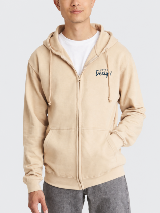 Mannequin homme de face portant le sweat zippé à capuche unisexe JH050 couleur desert sand Mannequin homme de face portant le sweat zippé à capuche unisexe JH050 couleur desert sand