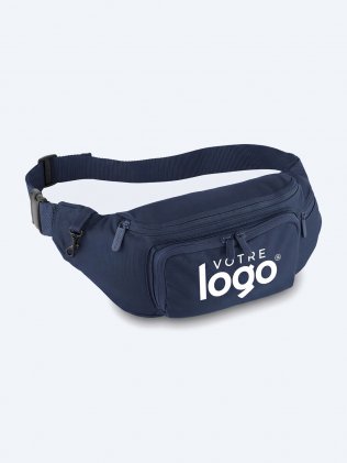 Sac banane multipoches QD012 à personnaliser en coloris French Navy, vue trois quarts avec emplacement de marquage sur la poche avant