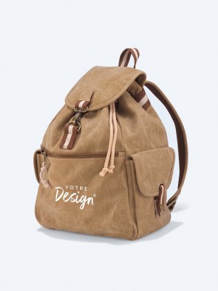 Sac à dos vintage en toile personnalisable Sac à dos vintage en toile personnalisable coloris sable, vue trois quarts avec emplacement de marquage sur la face avant