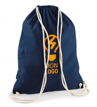 Sac à dos cordelettes W110 en coloris Navy avec un logo orange imprimé sur la face