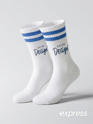 Chaussettes sport à bandes bleus personnalisées avec votre design en livraison express